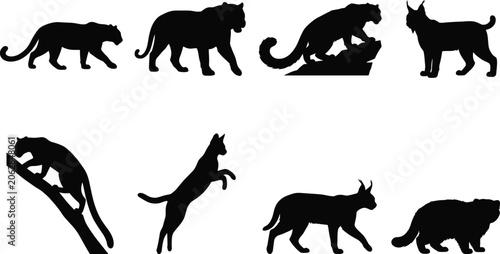 Sticker Silhouette Collection of Wild Cats in Various Poses