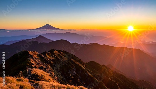 Golden Sunrise Illuminating Layered Mountain Ridge with Distant Volcanic Peak