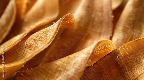 Dried banana leaf parallel splits along veins close up