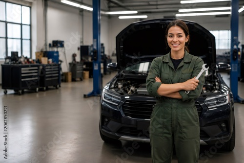 Female mechanic smiling holding wrench in auto repair shop