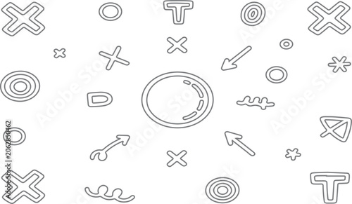 Abstract Hand-Drawn Doodle Symbols and Circle Pattern Background With Playful Monochrome Icons.