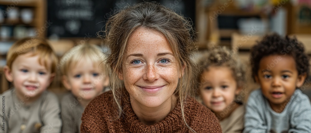 Fototapeta premium A smiling teacher with freckles poses in the foreground while diverse children sit behind her in a blurred classroom background.