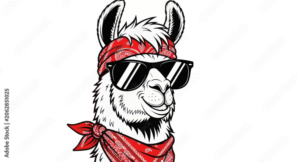 Fototapeta premium Cool llama wearing black sunglasses and a red patterned bandana