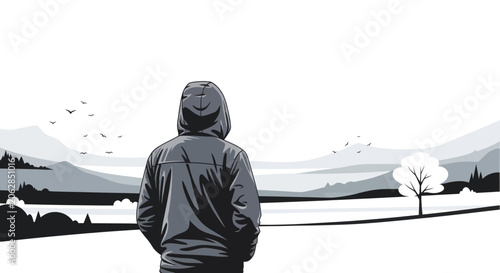 Bild auf Leinwand Person in hoodie overlooking a peaceful mountain landscape