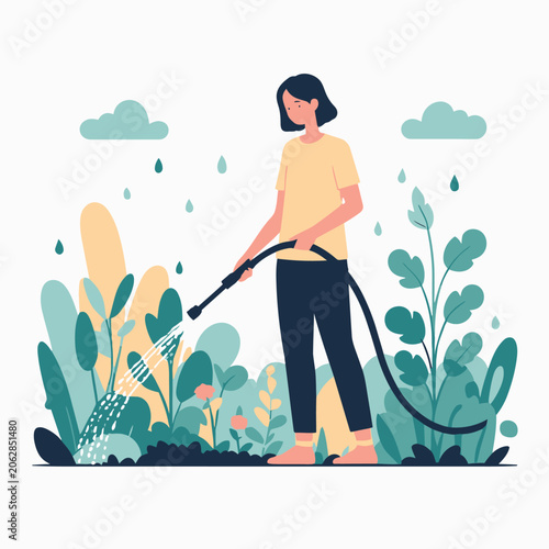 Woman watering plants in a garden with a hose during rainfall.