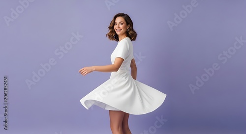Happy young woman in a white dress spinning against a purple background