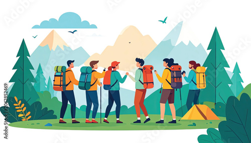 Group of hikers with backpacks standing.