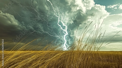 Lightning strike illuminates a stormy sky over a golden field of grass