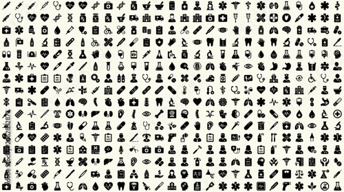 A large set of various black and white icons.