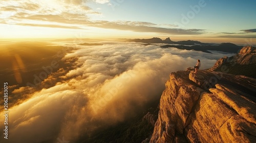 Lone hiker stands on a rocky cliff edge overlooking a vast sea of clouds at sunrise