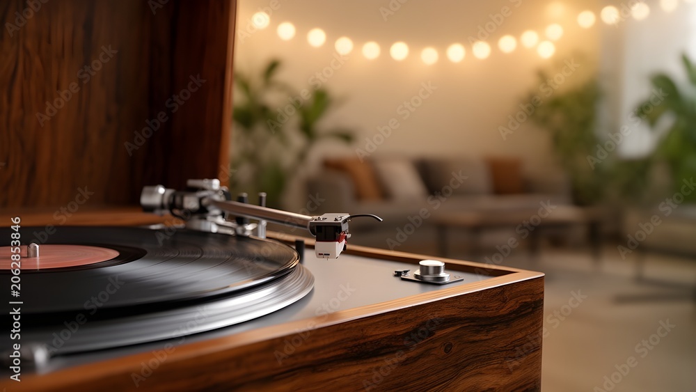 Obraz premium Vintage Record Player with Golden Bokeh and Copy Space