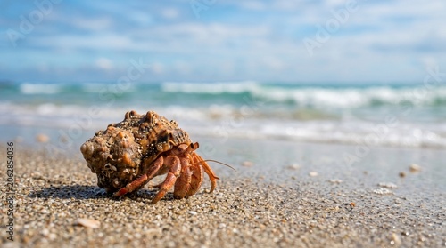 Hermit crab carrying shell on a sandy beach with ocean background