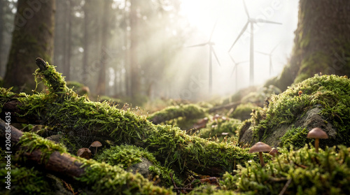 Wind Turbines in Misty Forest with Moss, Mushrooms and Spider Web
