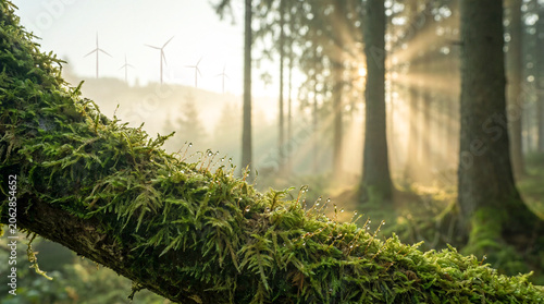 Dew Drops on Mossy Log in Forest with Wind Turbines at Dawn