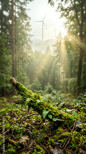 Mossy Branch with Ferns in Green Forest and Wind Turbines Behind