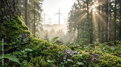 Wind Turbine Rising Above Mossy Forest Floor at Misty Sunrise
