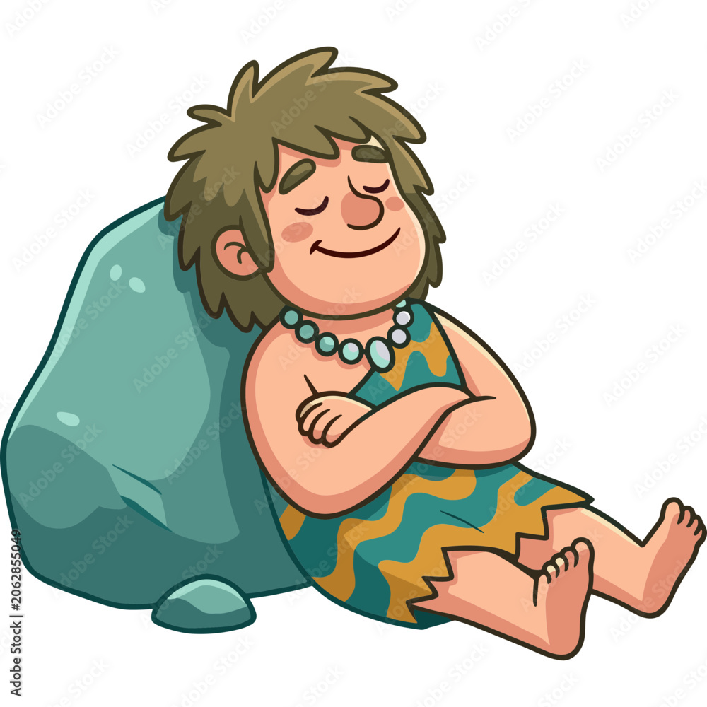 Naklejka premium Caveman resting on large stone outdoors