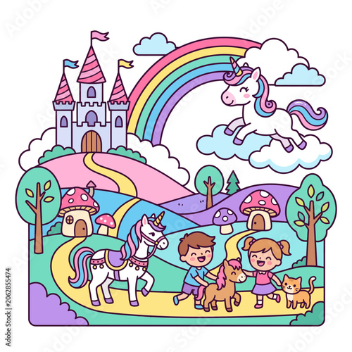 Φωτογραφία Magical kingdom with unicorns and children in a fantasy land