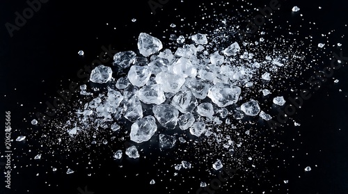 Small pile of crushed ice cubes isolated on a black background.