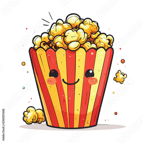Cute cartoon popcorn bucket with happy face illustration.