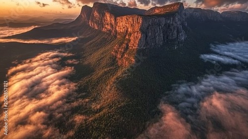 Majestic mountain ridge illuminated by golden hour sunlight above a sea of clouds at sunrise