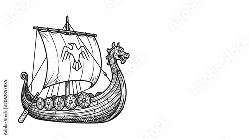 Ancient viking ship with dragon head and eagle symbol on sail