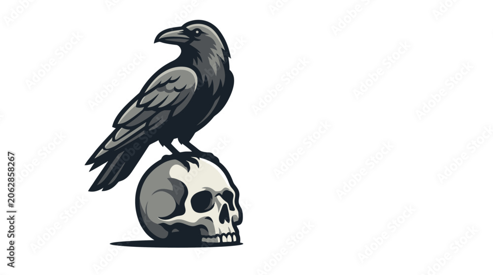 Fototapeta premium Bird perched on human skull illustration