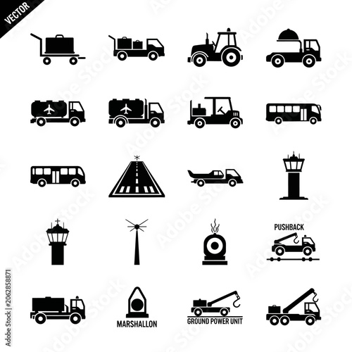 Black icons of construction vehicles.