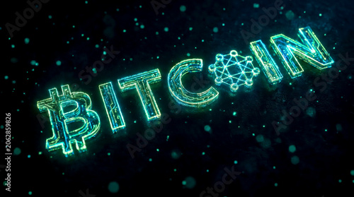Bitcoin Text Symbol with High-Tech Circuit Texture and Network Symbol