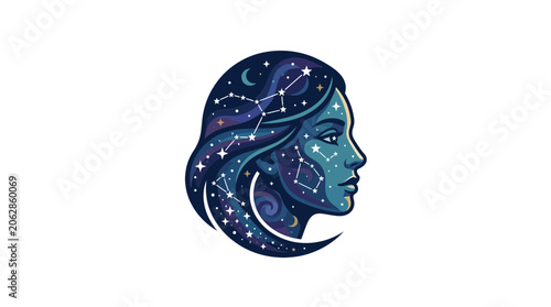 Celestial woman profile with constellations and starry night hair