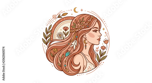 Celestial woman portrait with long flowing hair