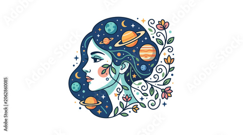 Celestial woman profile with planet and star hair.