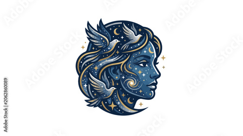 Celestial woman profile with starry sky hair and birds.
