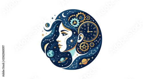 Celestial woman profile with galaxy and gears