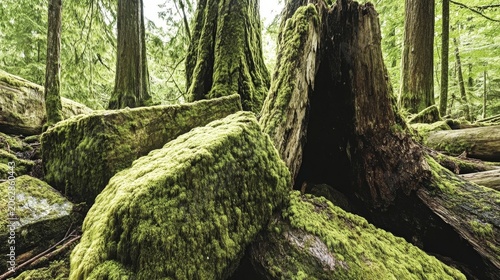 Moss-covered boulders and ancient tree stumps in a lush, green temperate rainforest during springtime