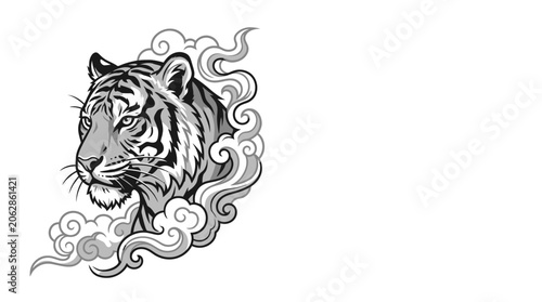 Majestic tiger head emerging from stylized smoke clouds