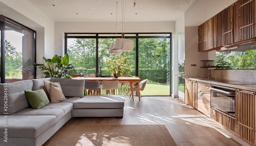 Fototapeta premium modern living room with open kitchen large windows and natural light space features cozy sofa wooden accents and view of green garden creating serene atmosphere
