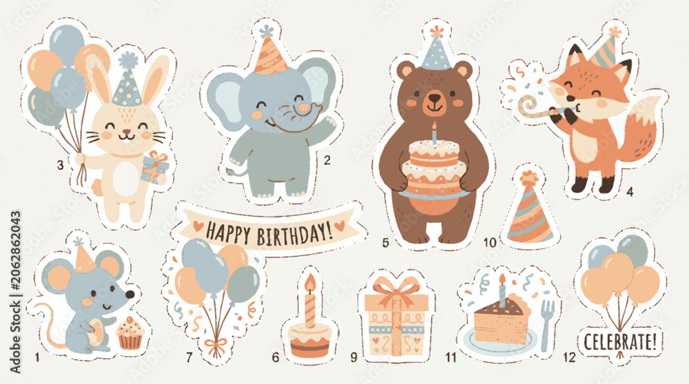 Fototapeta premium Cute animal birthday celebration sticker set with festive decorations