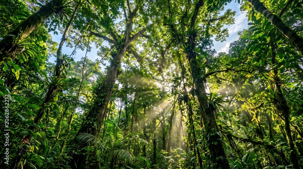 Fototapeta premium Lush tropical rainforest canopy with sunbeams, sun rays filtering through dense green jungle foliage, misty primeval forest landscape