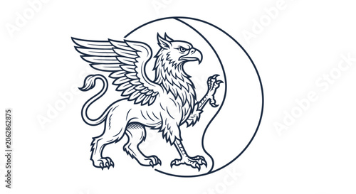 Mythical griffin creature illustration with celestial symbol