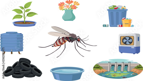 Mosquito Breeding Sites Vector Illustration Set with Standing Water Sources Stagnant Pools Tires Trash Cans Water Tank and Insect Symbol for Dengue Prevention