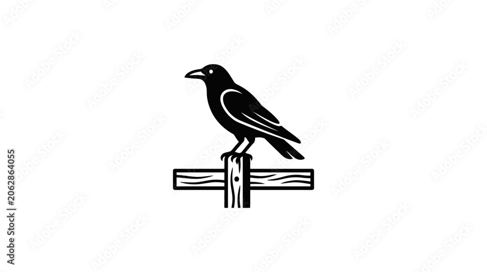 Obraz premium Silhouette of a raven perched on a wooden post symbol