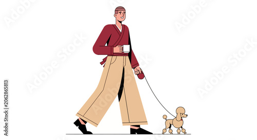 Woman in red jacket walking small dog on leash.