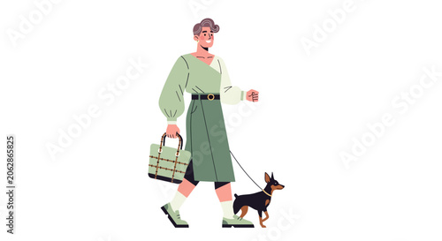 Elegant woman walking her dog in stylish outfit.