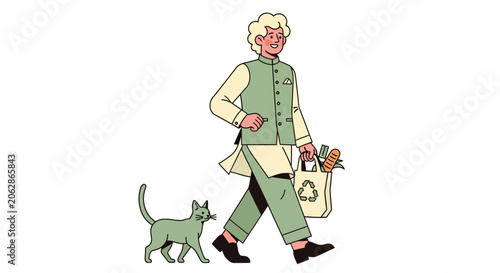 Elderly man walking with cat and flowers illustration.