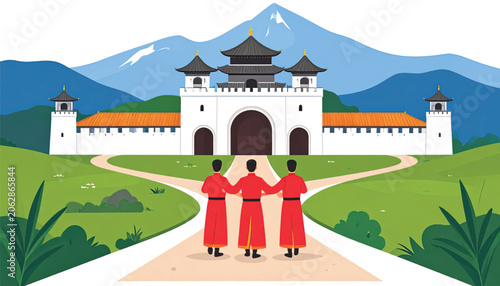 Three monks in red robes standing.
