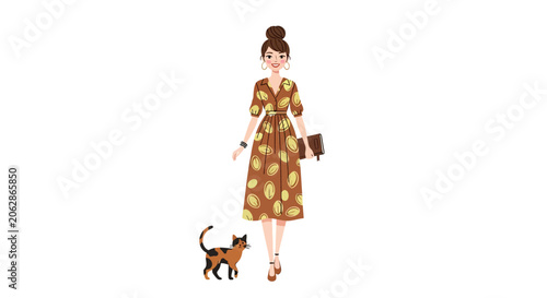 Fashionable woman walking a cat in stylish outfit.