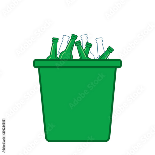 Green bin with glass bottles for recycling concept