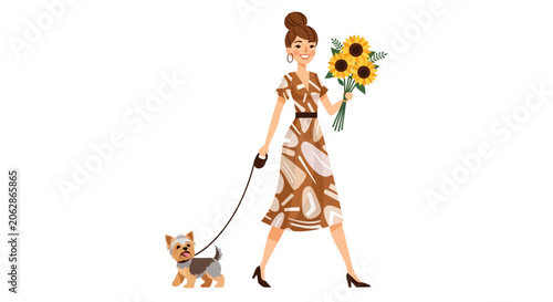 Elegant woman walking small dog with sunflowers.