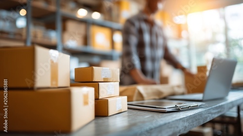 A person examines packages in a bright workspace. The scene shows organized boxes and a laptop on a table. This image captures a busy warehouse or delivery center vibe. AI